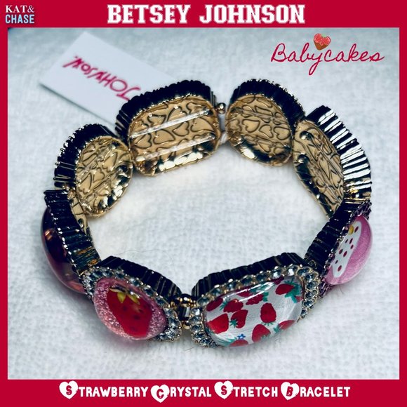 Betsey Johnson Babycakes Strawberry Stretch Bracelet Red Pink Crystal Food Berry - Picture 4 of 11